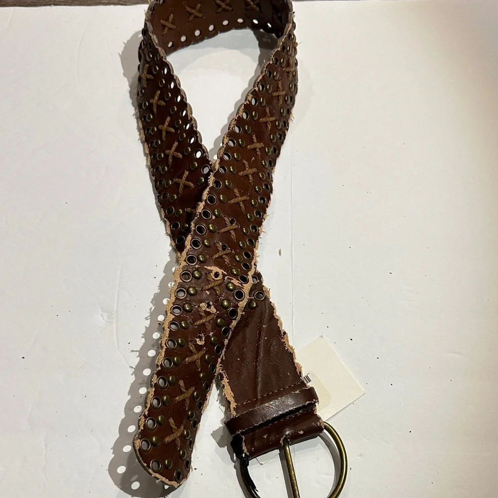 Weathered Brown faux Leather Belt with Brass Accents 29-33”